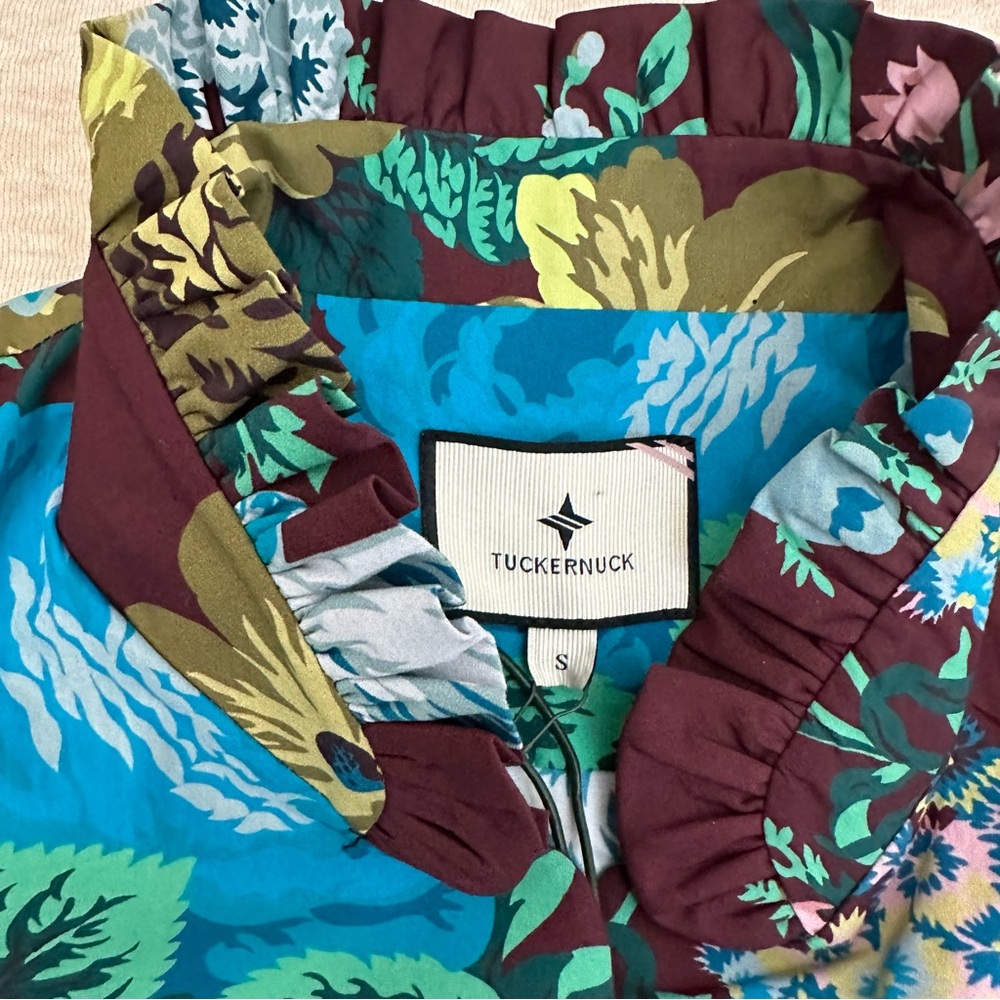 Tuckernuck Women Cotton Oxblood Blue Floral Alice Ruffled Collared Dress Size S - Picture 6 of 14